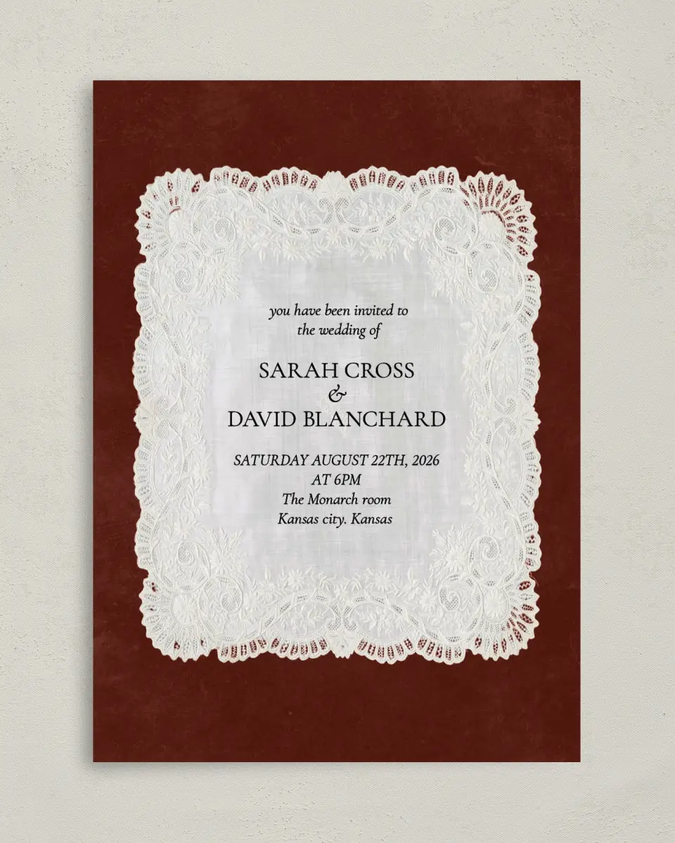 This is a 5" x 7" Classic Wedding Invitation called Trimmed Lace printed in full color with Gold foil on Premium Smooth paper