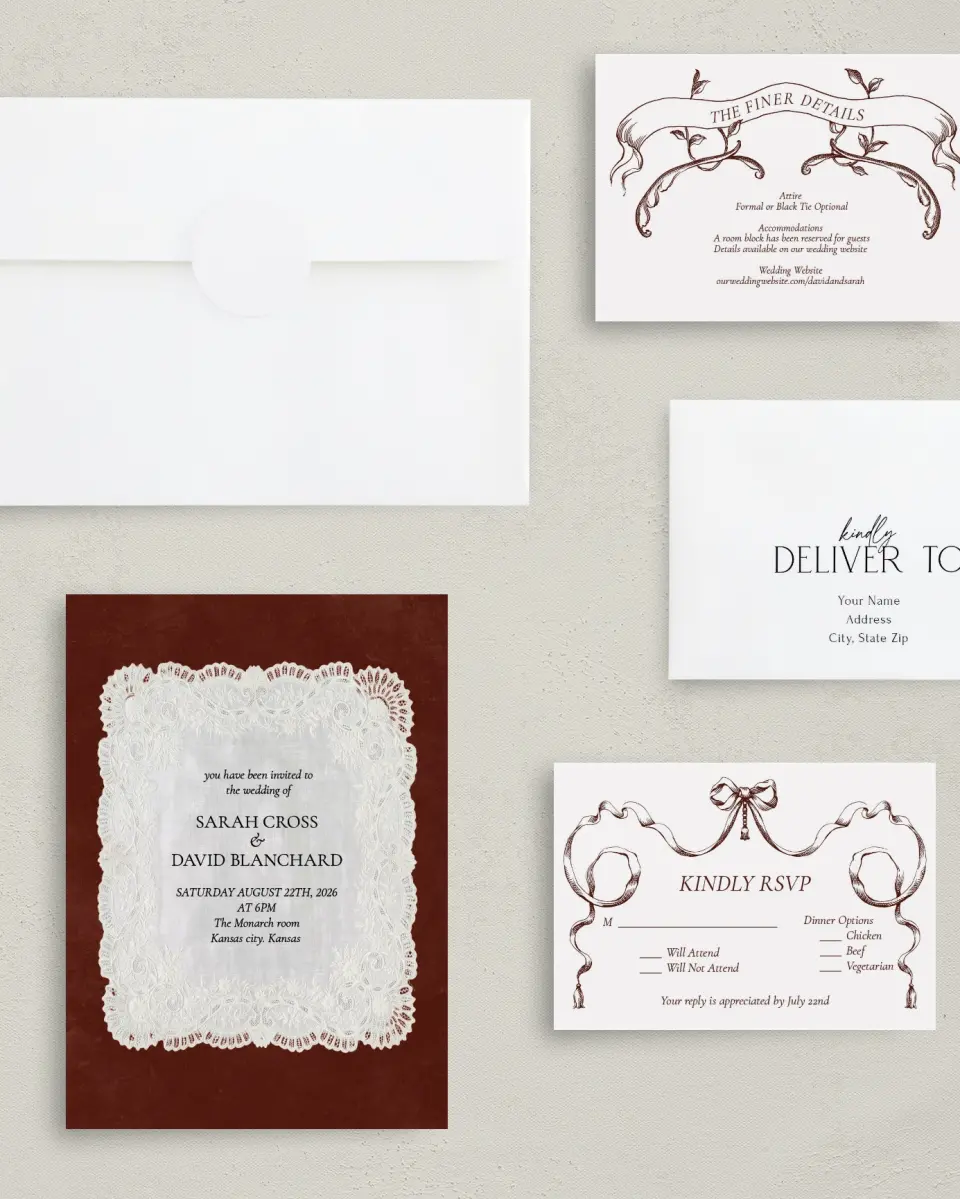 This is a 5" x 7" Classic Wedding Invitation called Trimmed Lace printed in full color with Gold foil on Premium Smooth paper