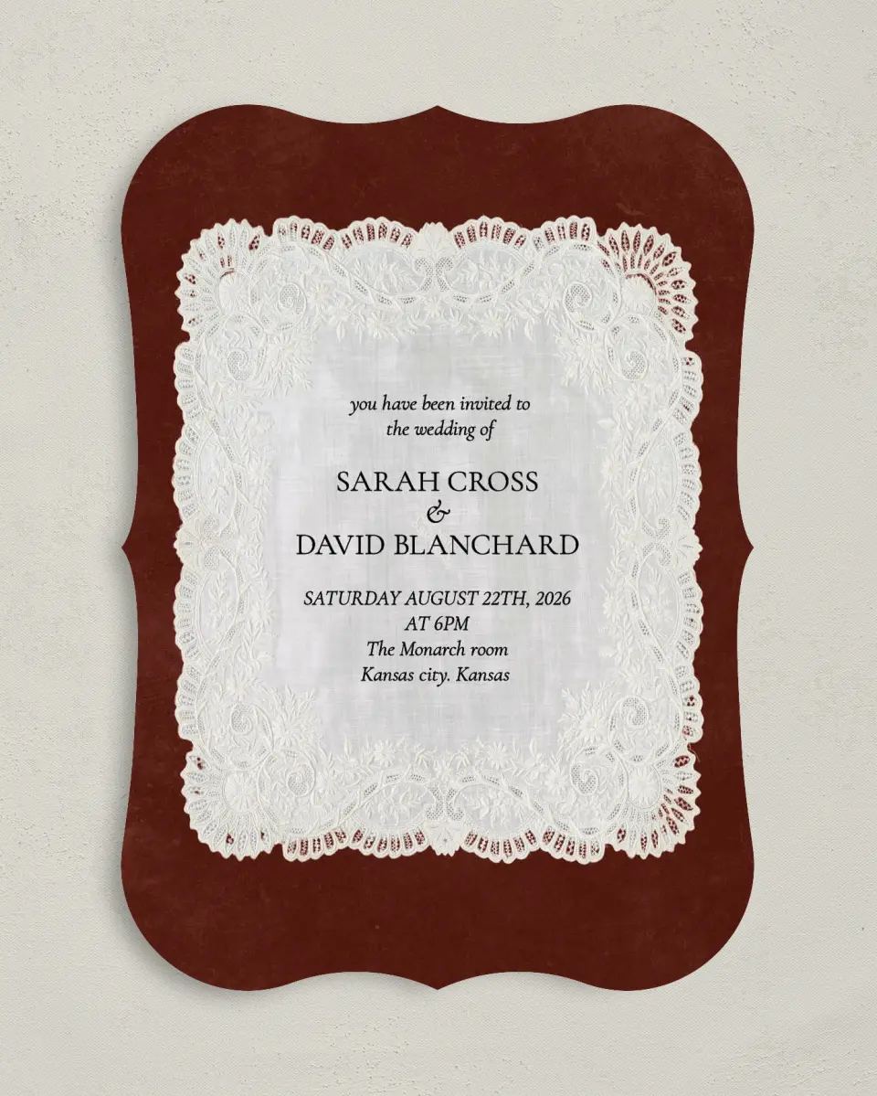 This is a 5" x 7" Bracket Wedding Invitation called Trimmed Lace printed in full color with Gold foil on Premium Smooth paper