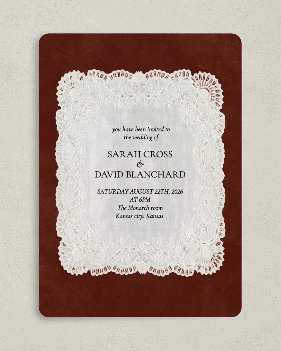 This is a 5" x 7" Rounded Wedding Invitation called Trimmed Lace printed in full color with Gold foil on Premium Smooth paper