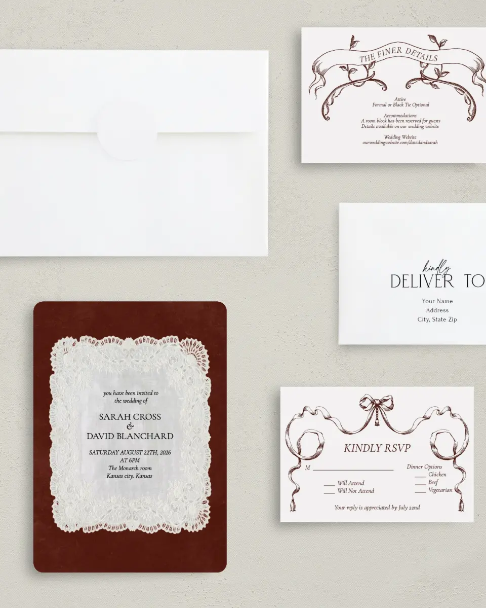 This is a 5" x 7" Rounded Wedding Invitation called Trimmed Lace printed in full color with Gold foil on Premium Smooth paper