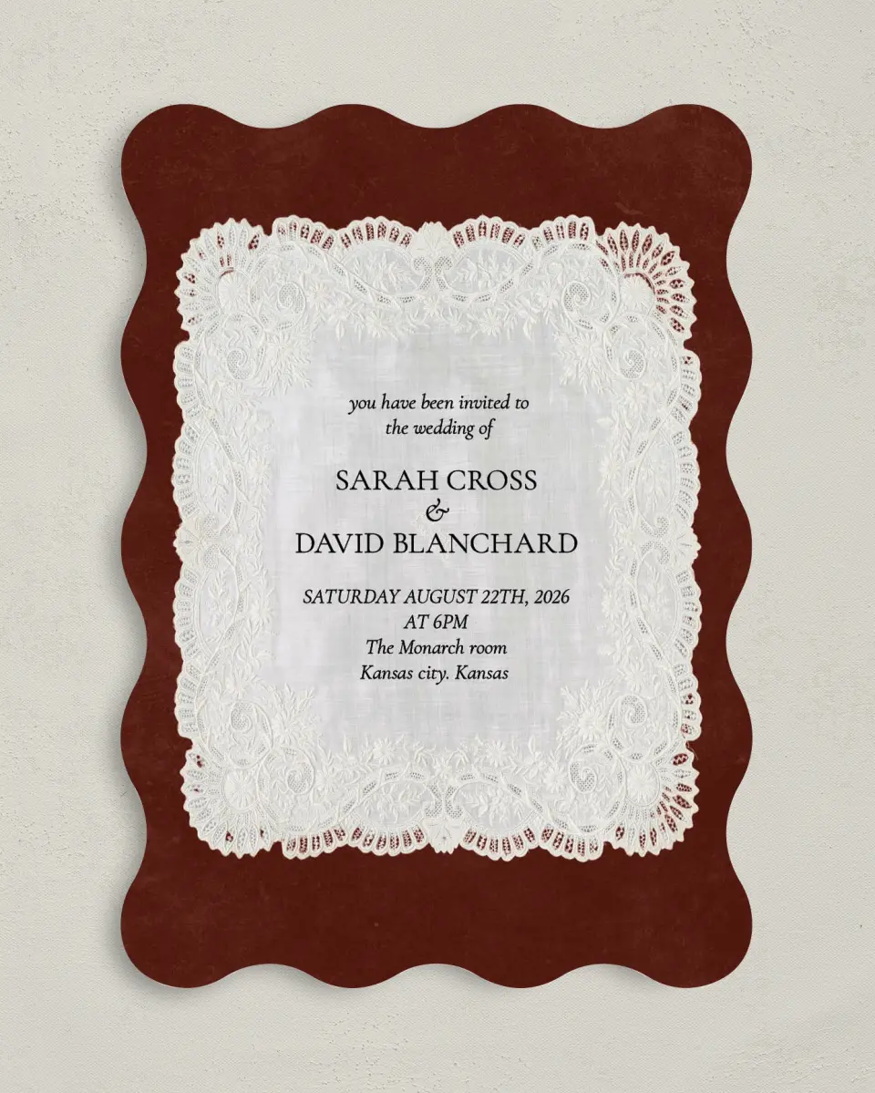 This is a 5" x 7" Wavy Wedding Invitation called Trimmed Lace printed in full color with Gold foil on Premium Smooth paper