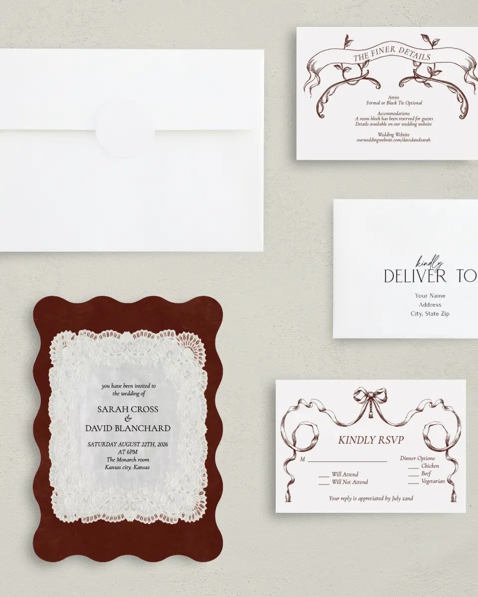 This is a 5" x 7" Wavy Wedding Invitation called Trimmed Lace printed in full color with Gold foil on Premium Smooth paper
