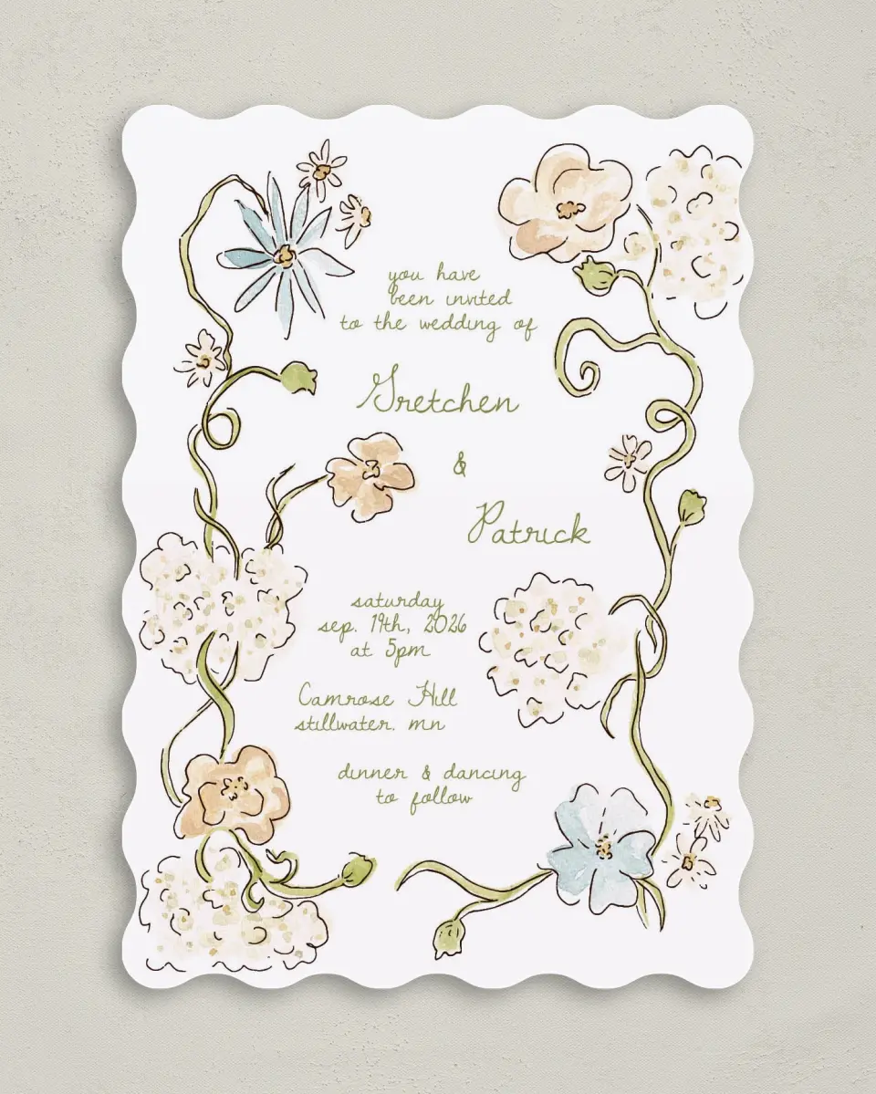 This is a 5" x 7" Wavy Wedding Invitation called Soft Garden Vows printed in full color with Gold foil on Premium Smooth paper