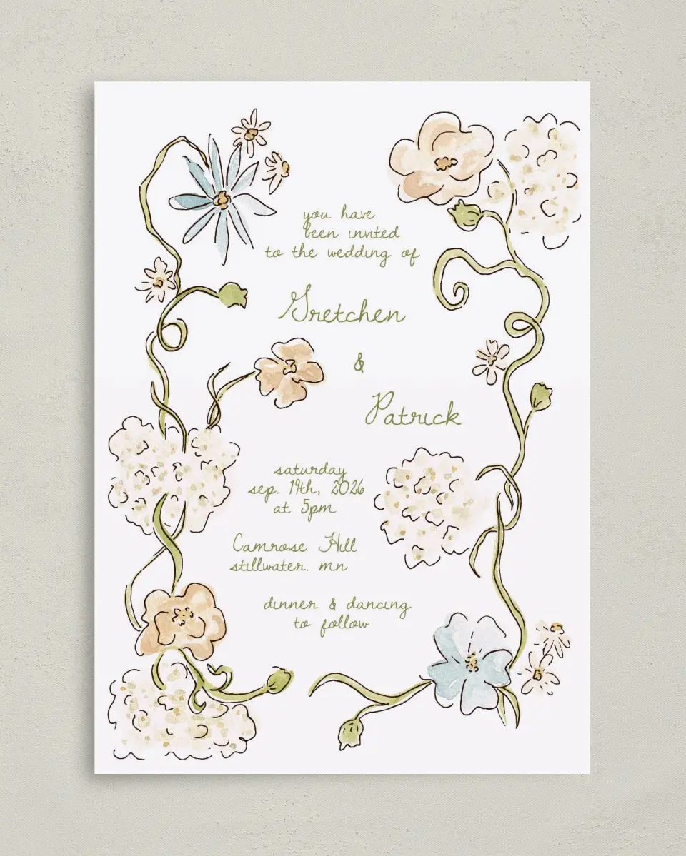 This is a 5" x 7" Classic Wedding Invitation called Soft Garden Vows printed in full color with Gold foil on Premium Smooth paper