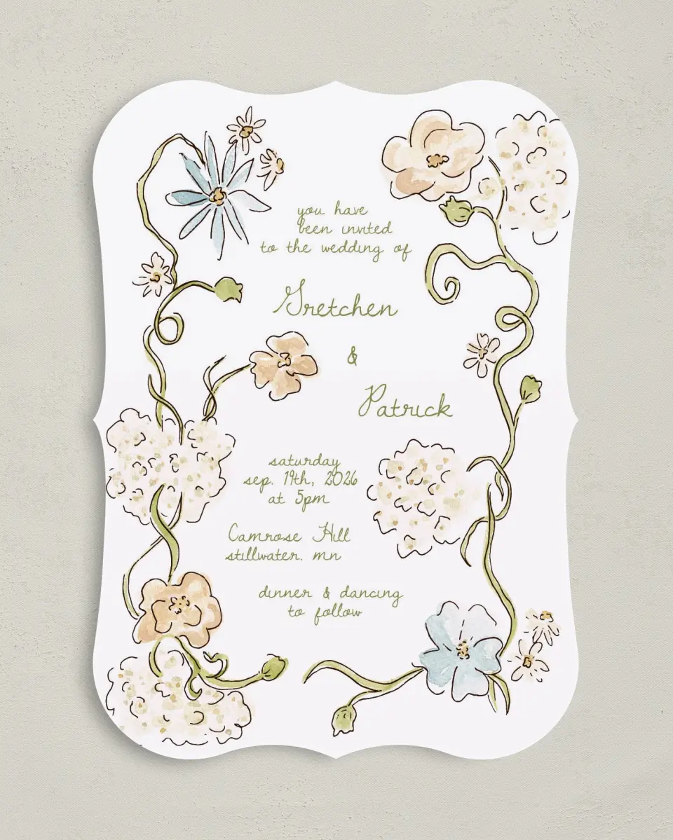 This is a 5" x 7" Bracket Wedding Invitation called Soft Garden Vows printed in full color with Silver foil on Luxe Satin (coated) paper