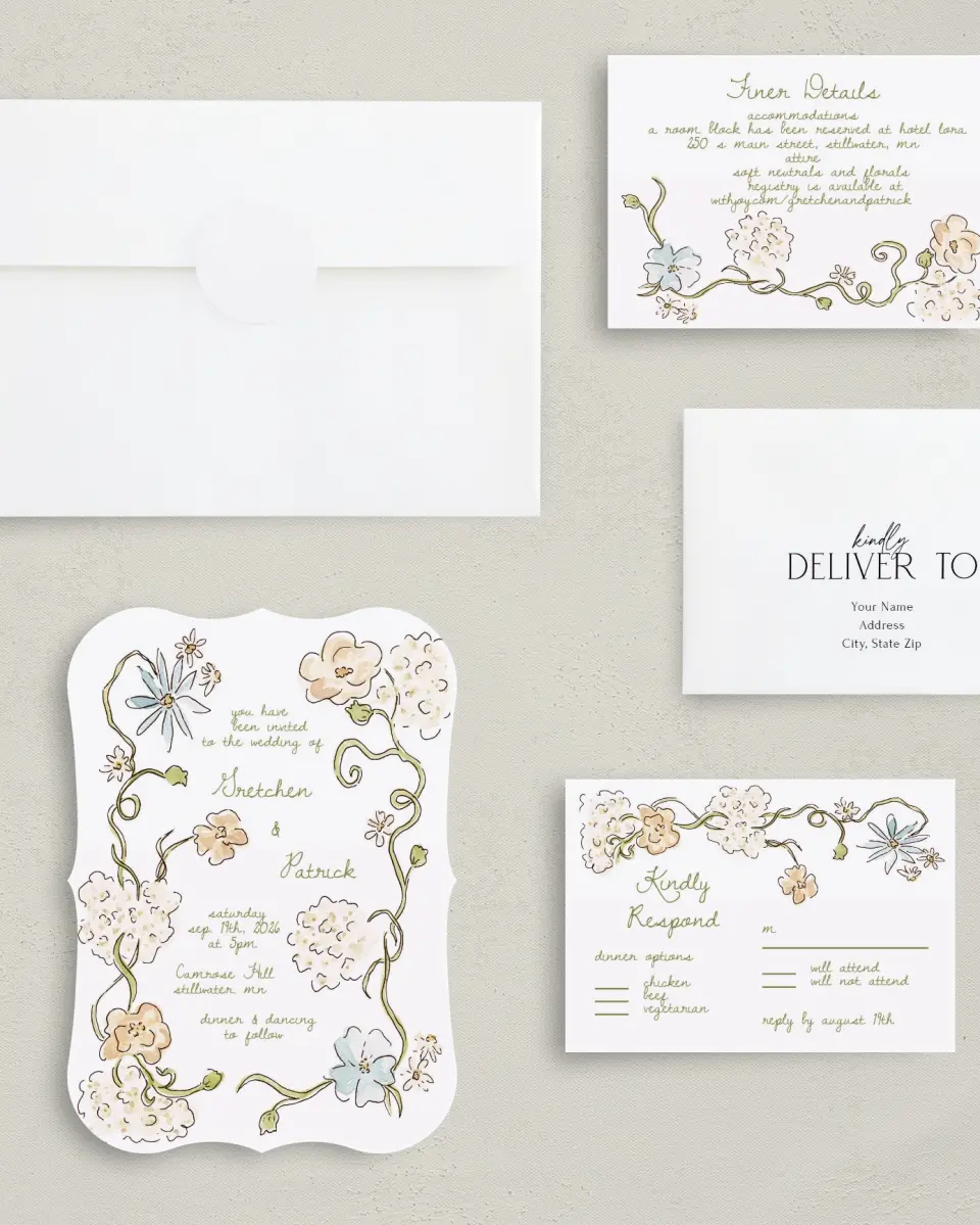This is a 5" x 7" Bracket Wedding Invitation called Soft Garden Vows printed in full color with Silver foil on Luxe Satin (coated) paper