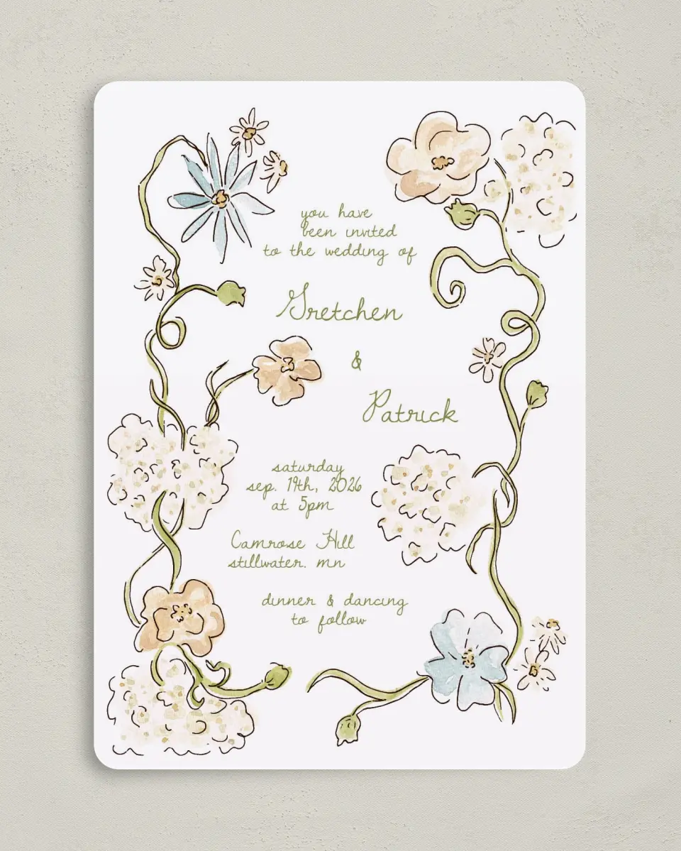 This is a 5" x 7" Rounded Wedding Invitation called Soft Garden Vows printed in full color with Gold foil on Premium Smooth paper