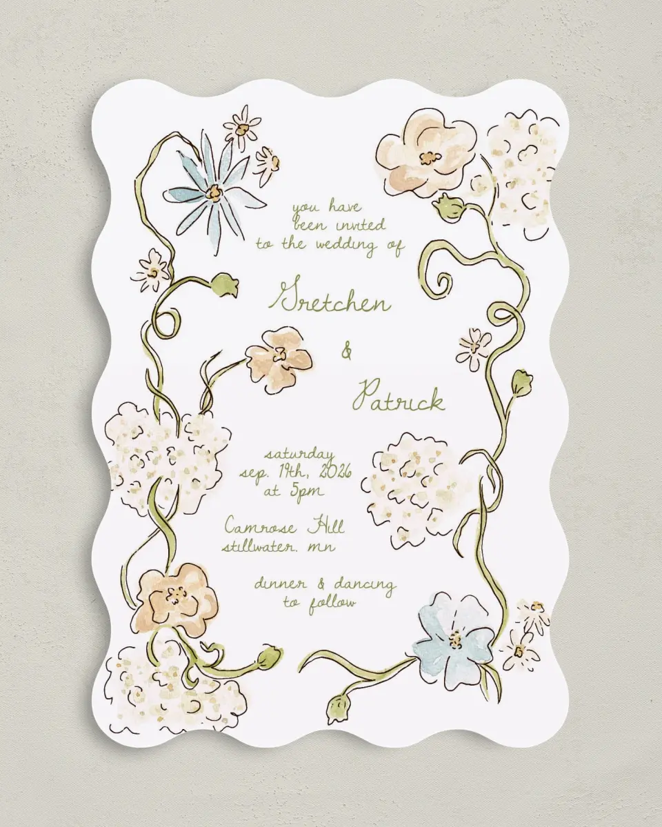 This is a 5" x 7" Wavy Wedding Invitation called Soft Garden Vows printed in full color with Gold foil on Premium Smooth paper