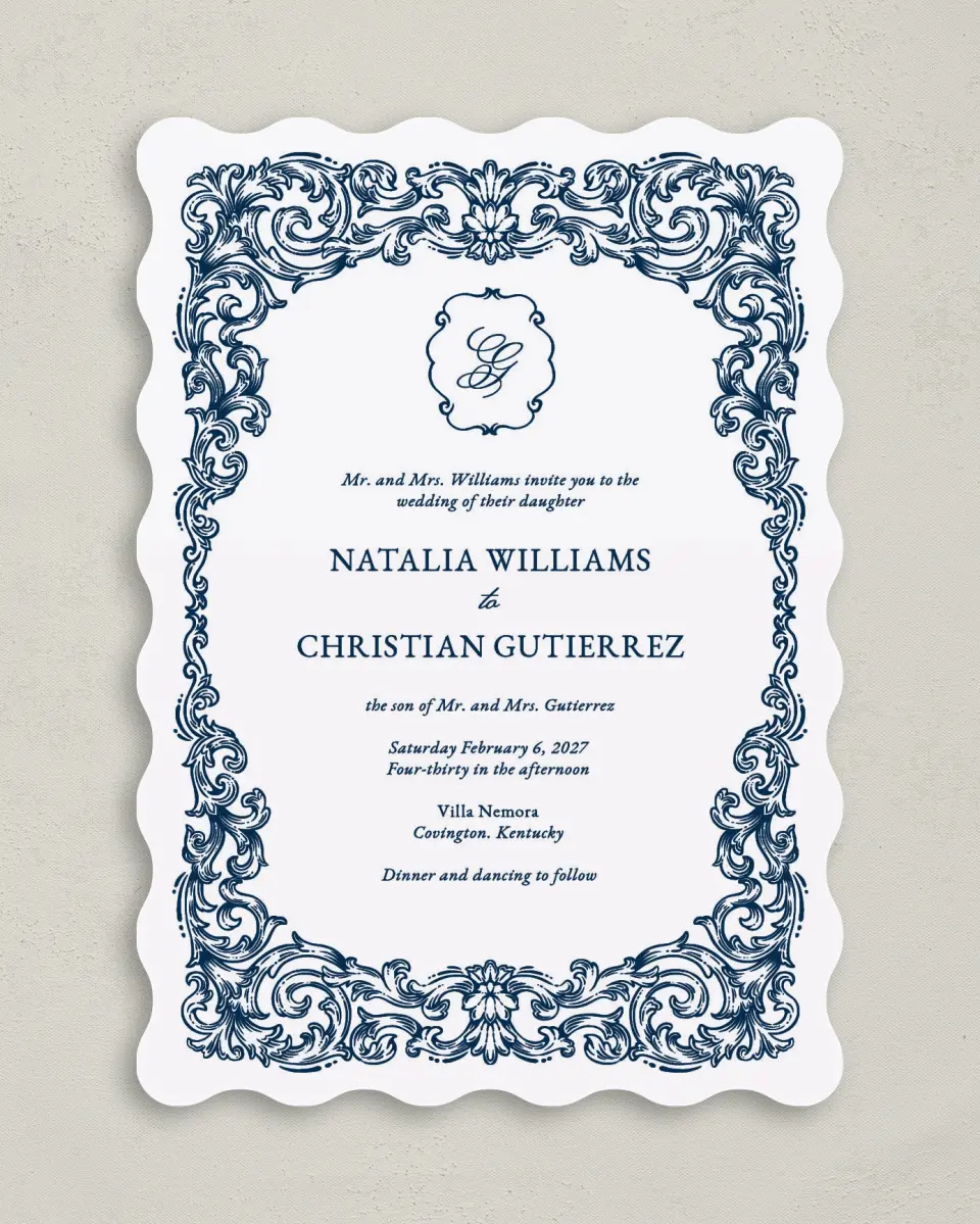 This is a 5" x 7" Wavy Wedding Invitation called Heirloom Crest printed in full color with Gold foil on Premium Smooth paper