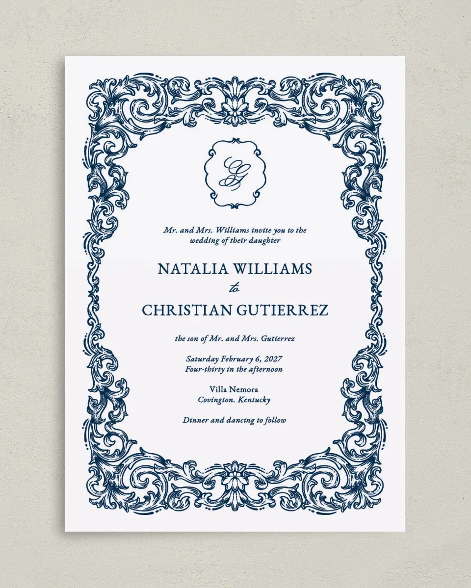 This is a 5" x 7" Classic Wedding Invitation called Heirloom Crest printed in full color with Gold foil on Premium Smooth paper