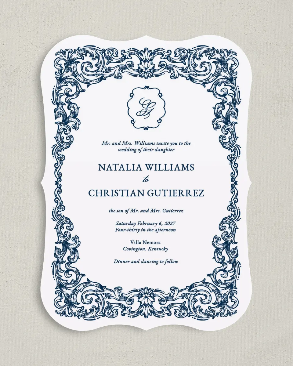 This is a 5" x 7" Bracket Wedding Invitation called Heirloom Crest printed in full color with Gold foil on Premium Smooth paper