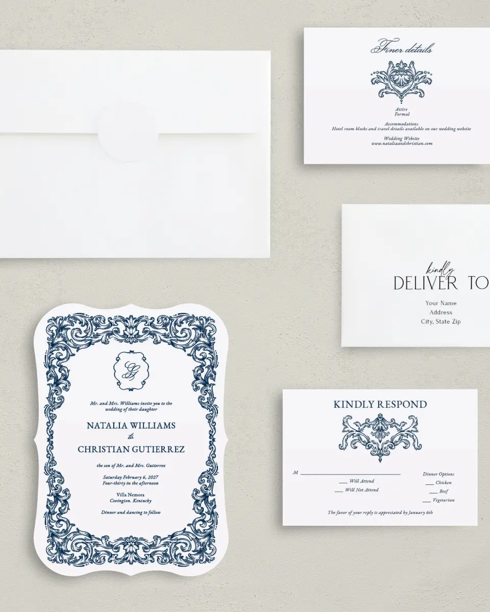 This is a 5" x 7" Bracket Wedding Invitation called Heirloom Crest printed in full color with Gold foil on Premium Smooth paper