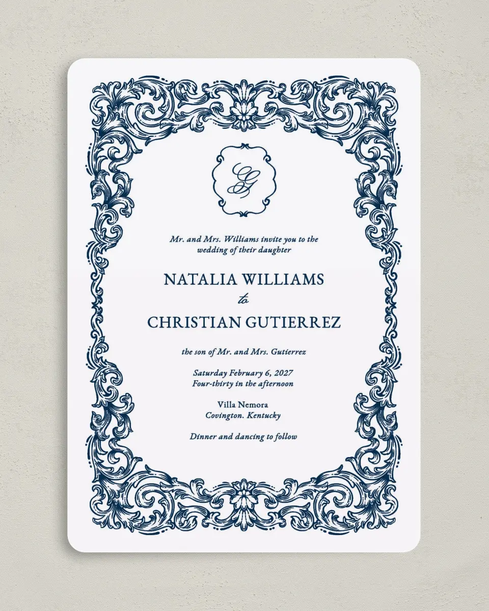 This is a 5" x 7" Rounded Wedding Invitation called Heirloom Crest printed in full color with Gold foil on Premium Smooth paper