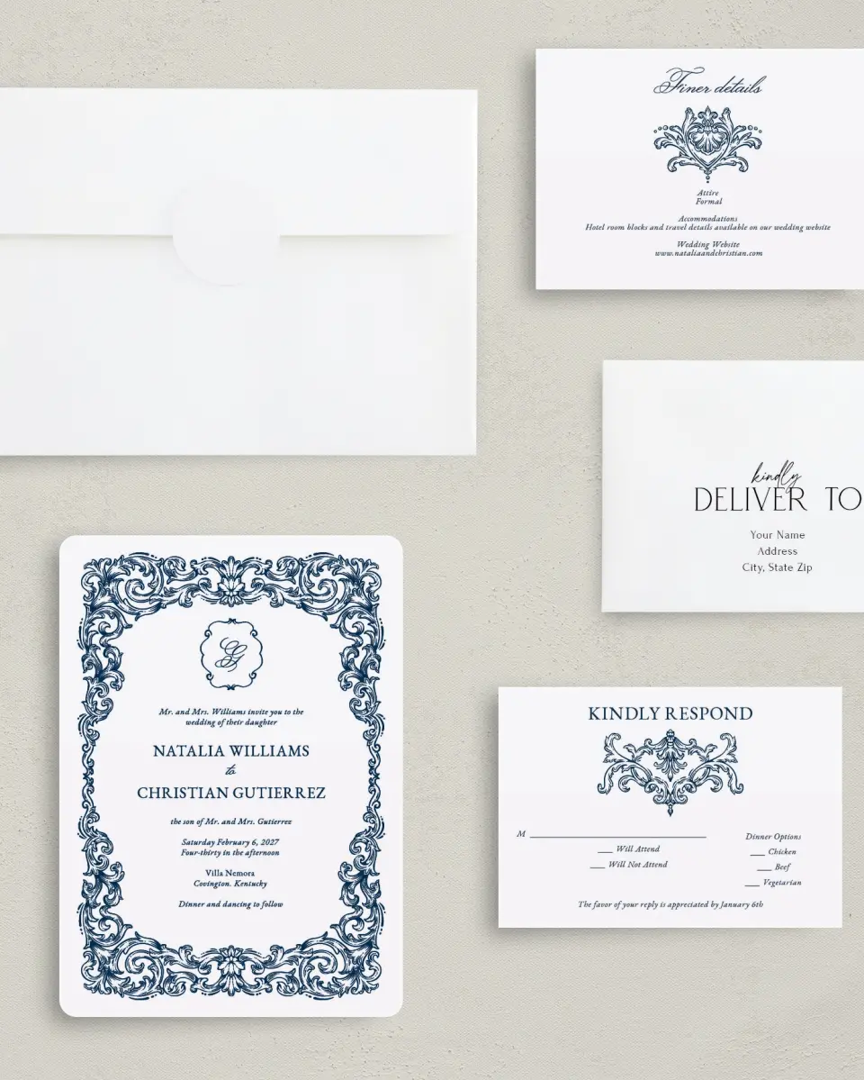 This is a 5" x 7" Rounded Wedding Invitation called Heirloom Crest printed in full color with Gold foil on Premium Smooth paper