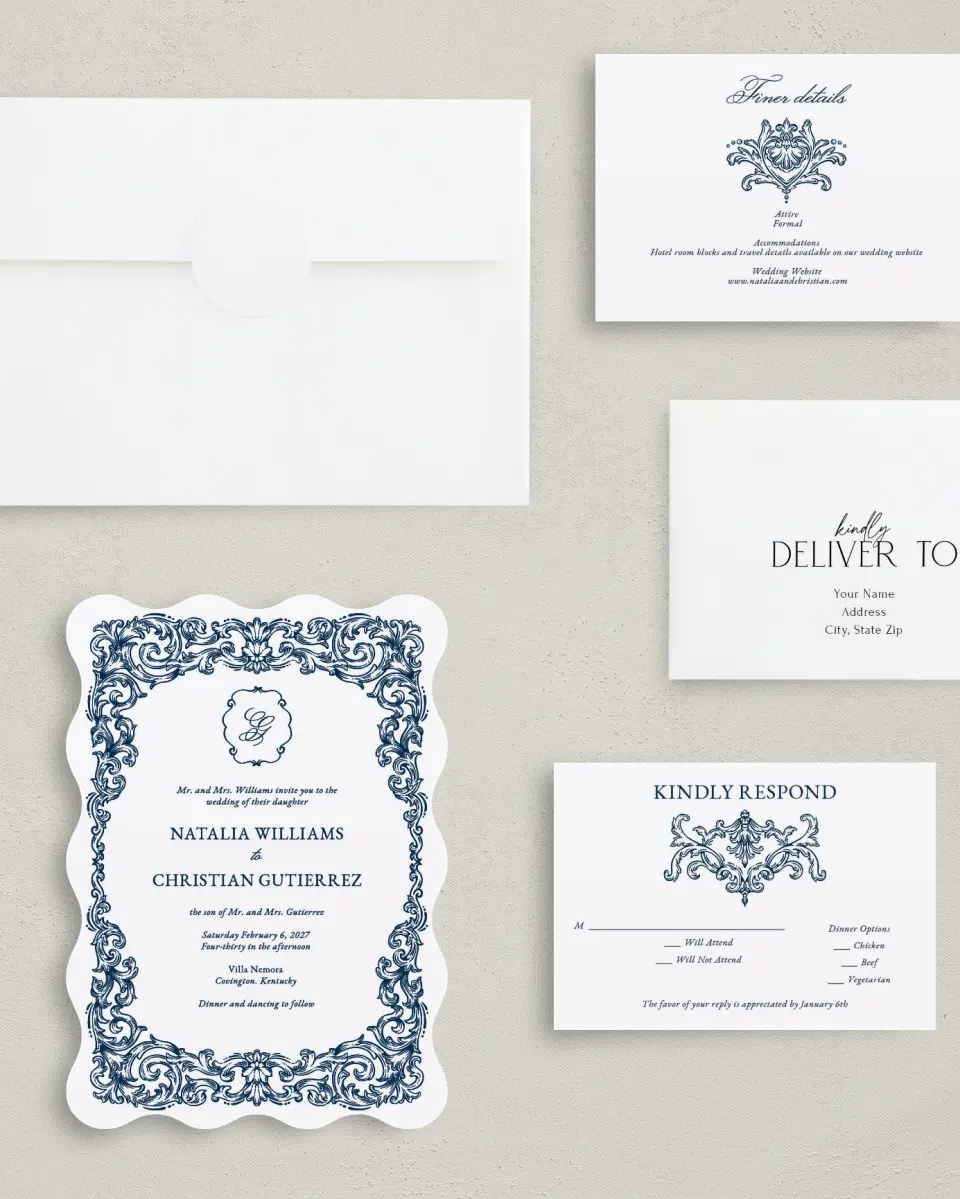 This is a 5" x 7" Wavy Wedding Invitation called Heirloom Crest printed in full color with Gold foil on Premium Smooth paper