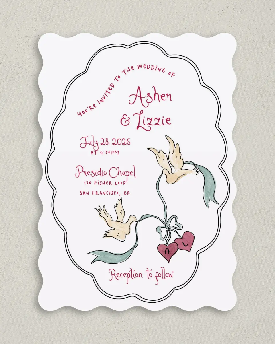 This is a 5" x 7" Wavy Wedding Invitation called Love Dove printed in full color with Gold foil on Premium Smooth paper