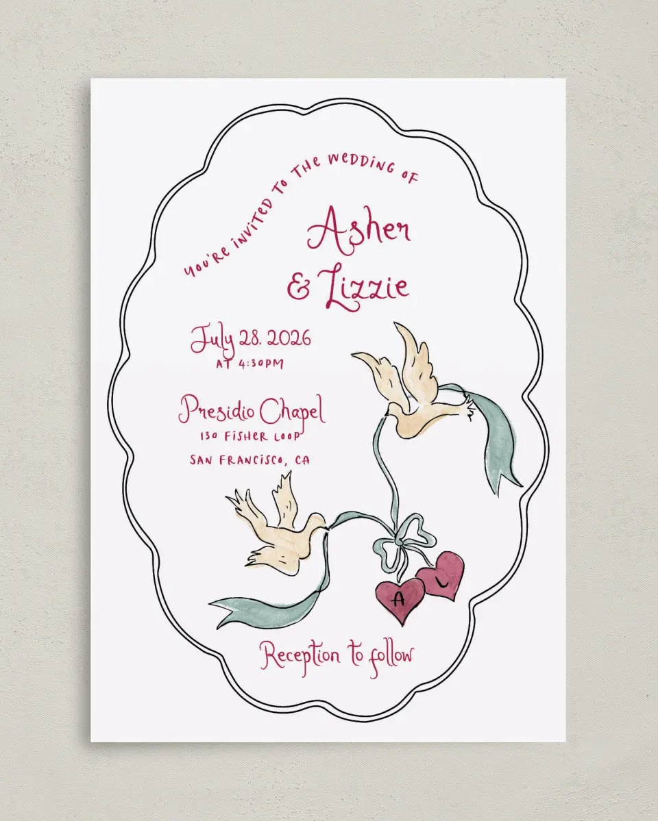 This is a 5" x 7" Classic Wedding Invitation called Love Dove printed in full color with Gold foil on Premium Smooth paper