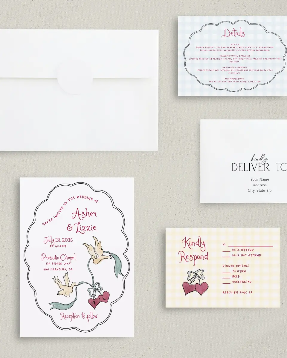 This is a 5" x 7" Classic Wedding Invitation called Love Dove printed in full color with Gold foil on Premium Smooth paper