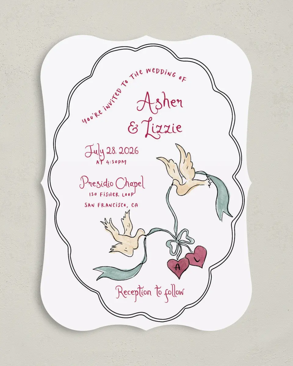 This is a 5" x 7" Bracket Wedding Invitation called Love Dove printed in full color with Gold foil on Premium Smooth paper