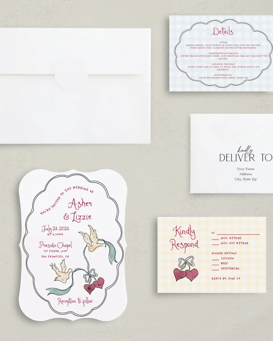 This is a 5" x 7" Bracket Wedding Invitation called Love Dove printed in full color with Gold foil on Premium Smooth paper