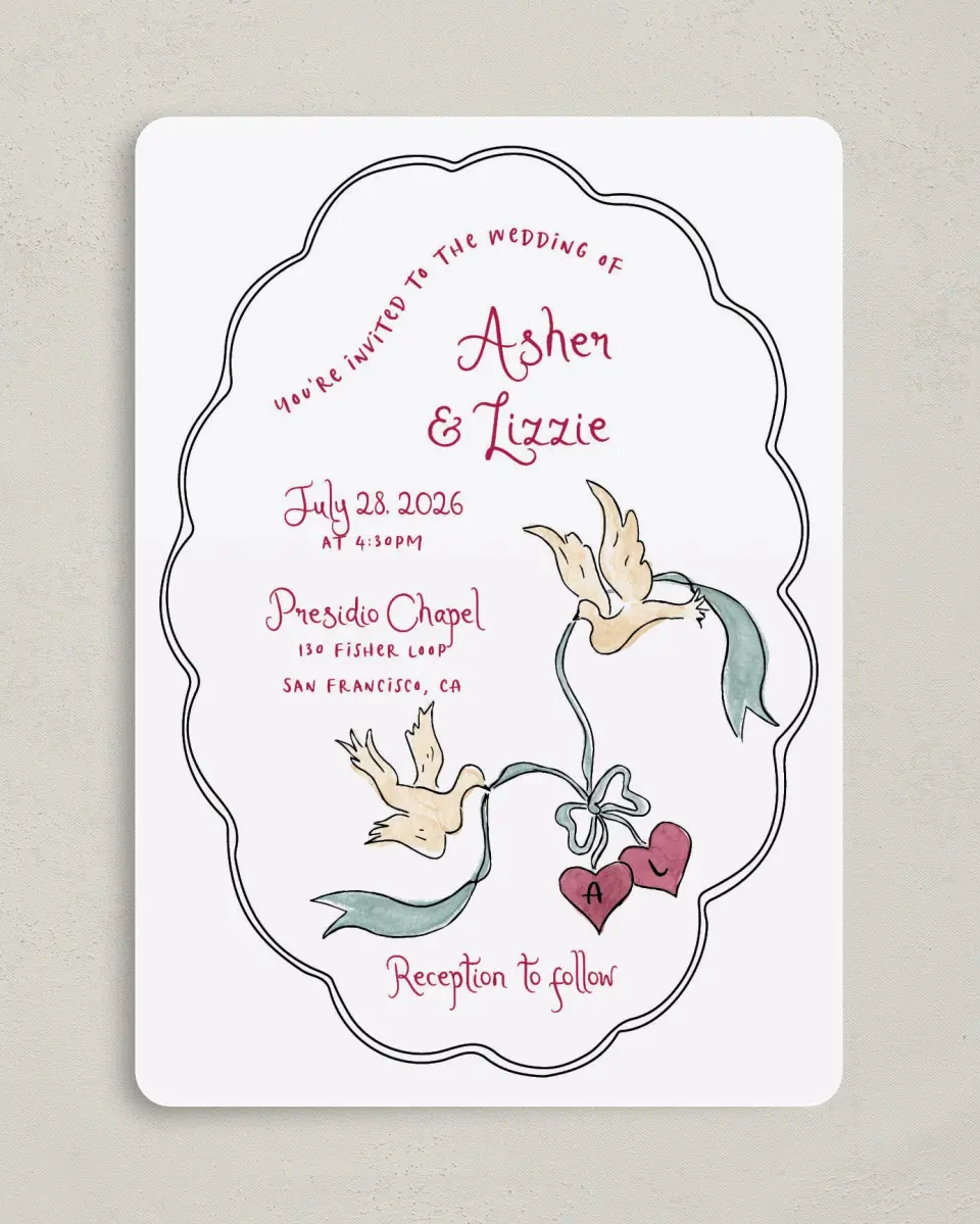This is a 5" x 7" Rounded Wedding Invitation called Love Dove printed in full color with Gold foil on Premium Smooth paper