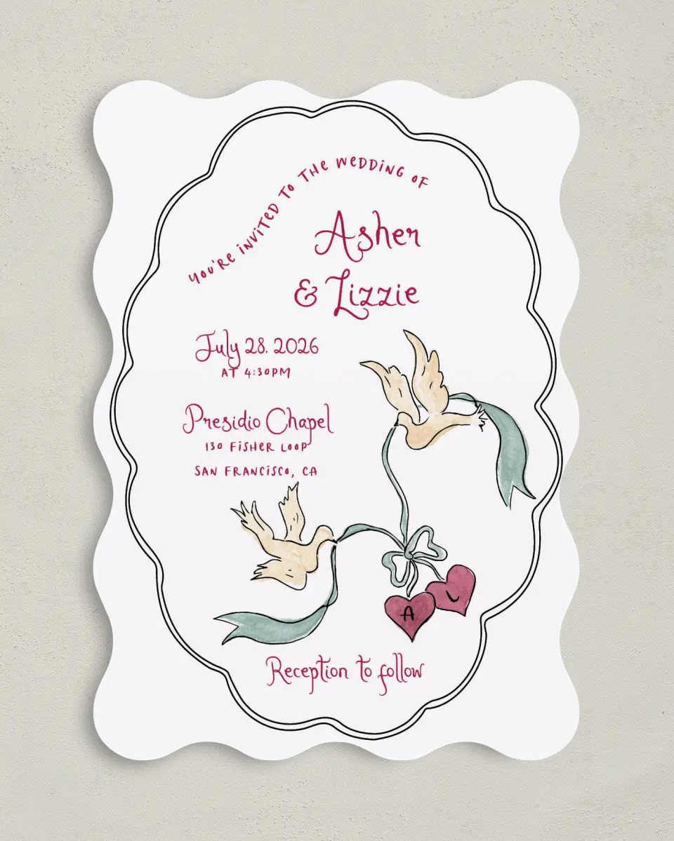 This is a 5" x 7" Wavy Wedding Invitation called Love Dove printed in full color with Gold foil on Premium Smooth paper