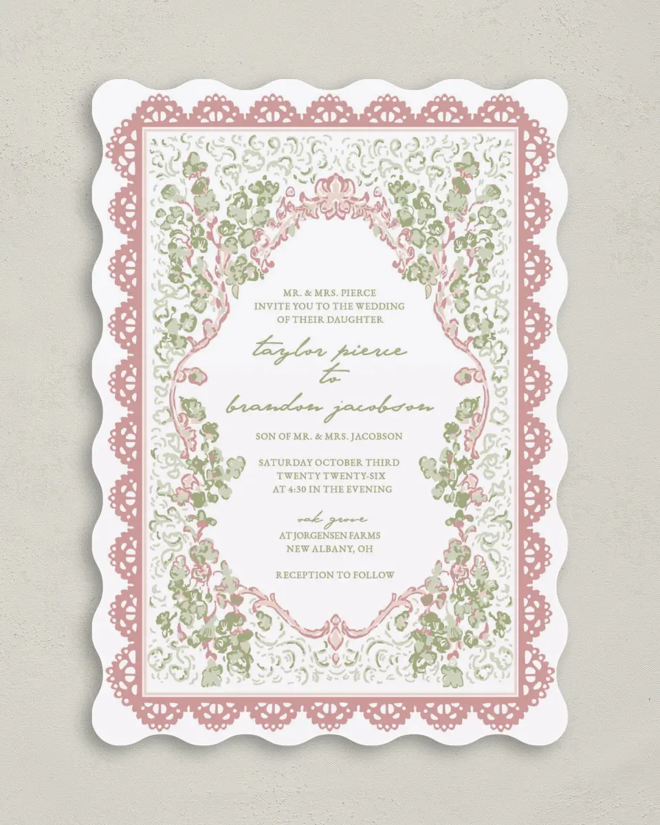 This is a 5" x 7" Wavy Wedding Invitation called Verdant Romance printed in full color with Gold foil on Premium Smooth paper