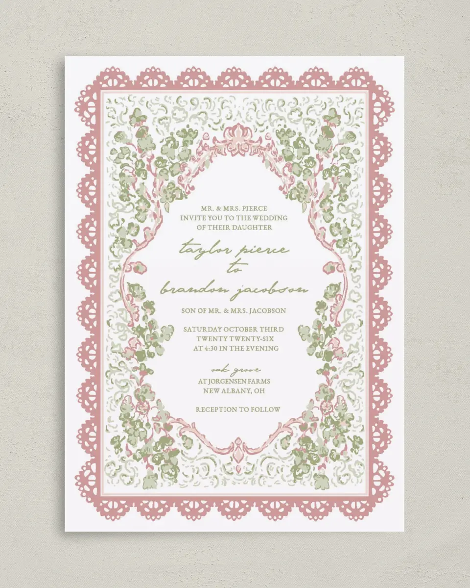 This is a 5" x 7" Classic Wedding Invitation called Verdant Romance printed in full color with Gold foil on Premium Smooth paper