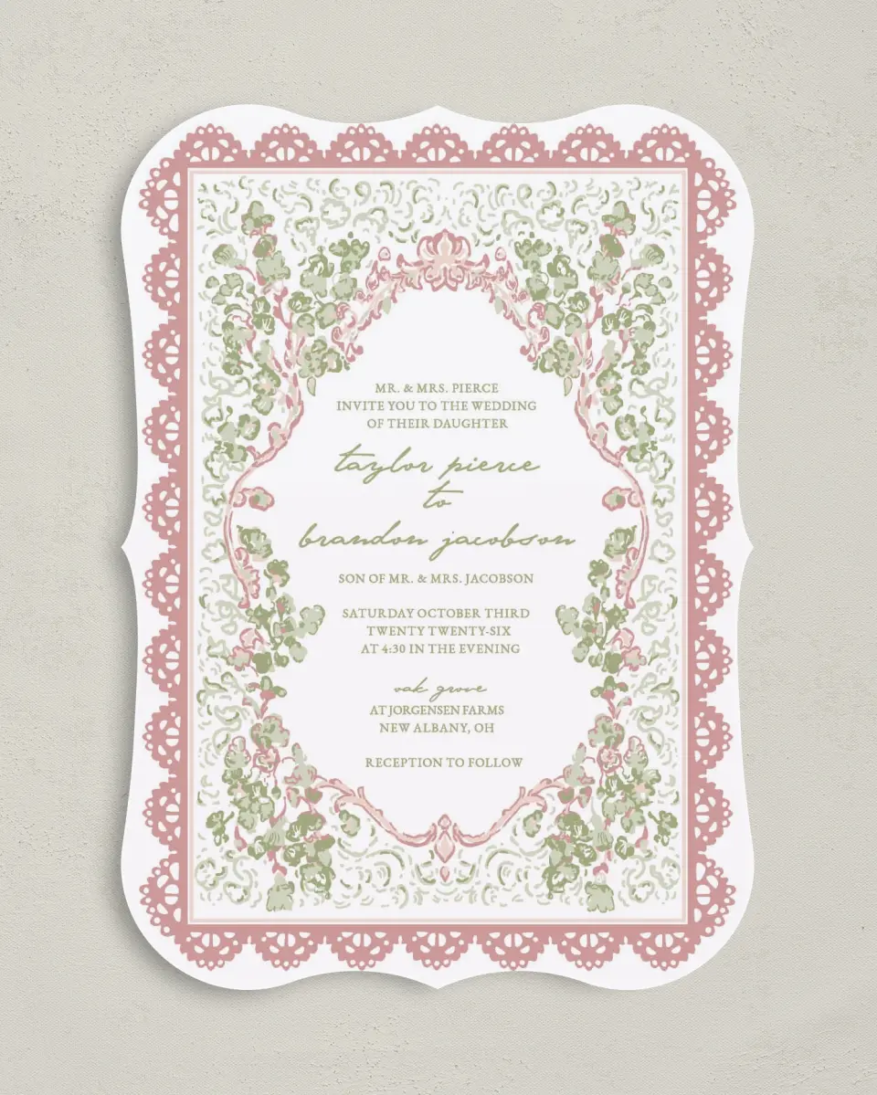 This is a 5" x 7" Bracket Wedding Invitation called Verdant Romance printed in full color with Gold foil on Premium Smooth paper