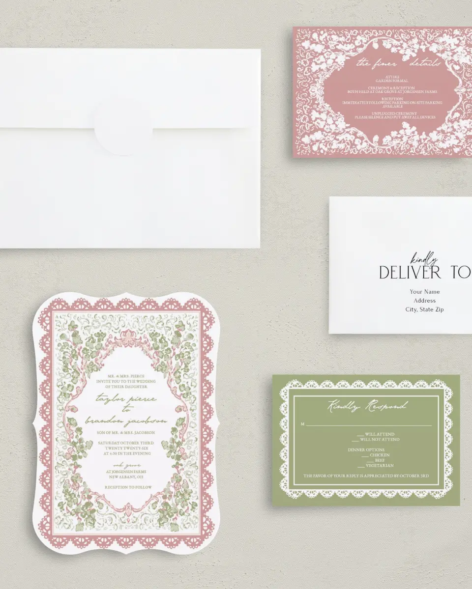 This is a 5" x 7" Bracket Wedding Invitation called Verdant Romance printed in full color with Gold foil on Premium Smooth paper