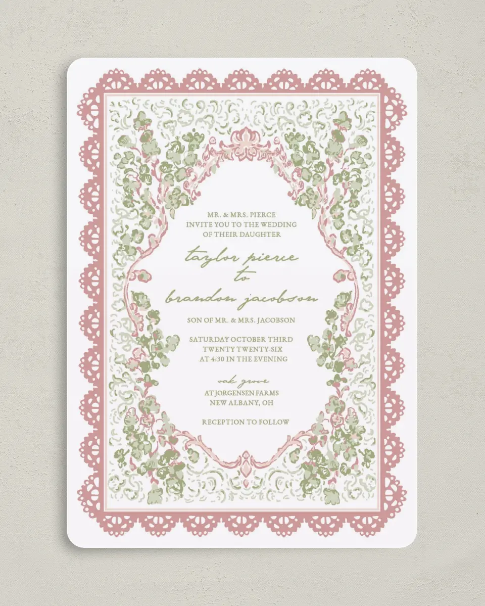This is a 5" x 7" Rounded Wedding Invitation called Verdant Romance printed in full color with Gold foil on Premium Smooth paper