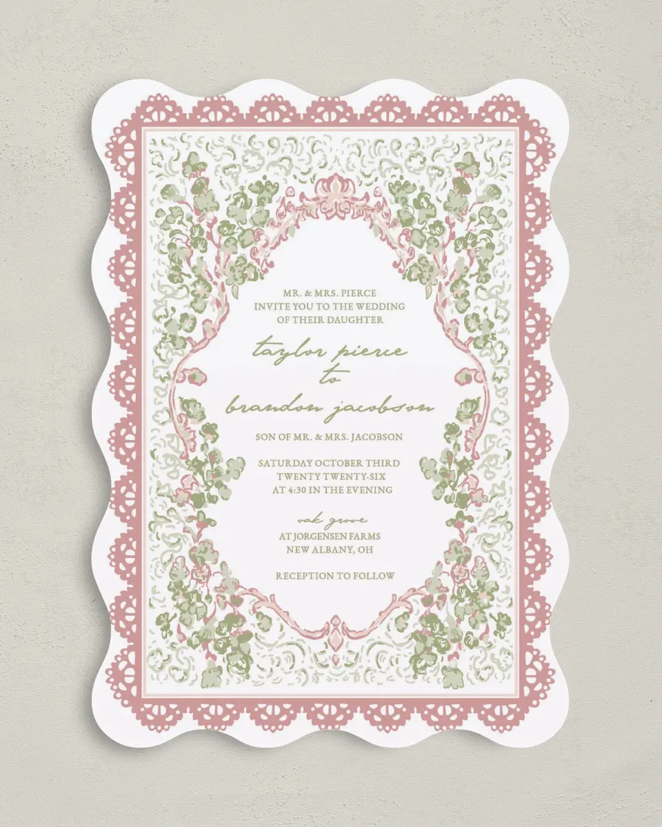 This is a 5" x 7" Wavy Wedding Invitation called Verdant Romance printed in full color with Gold foil on Premium Smooth paper