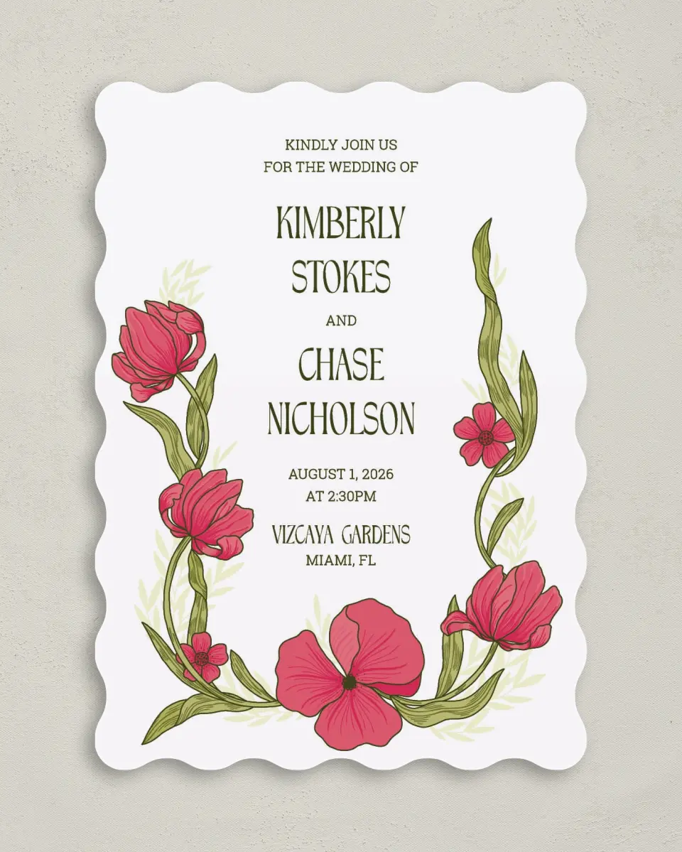 This is a 5" x 7" Wavy Wedding Invitation called Nouveau Romance printed in full color with Gold foil on Premium Smooth paper
