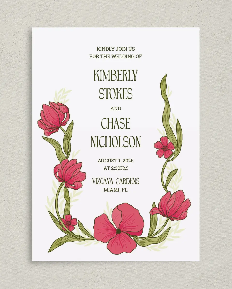 This is a 5" x 7" Classic Wedding Invitation called Nouveau Romance printed in full color with Gold foil on Premium Smooth paper