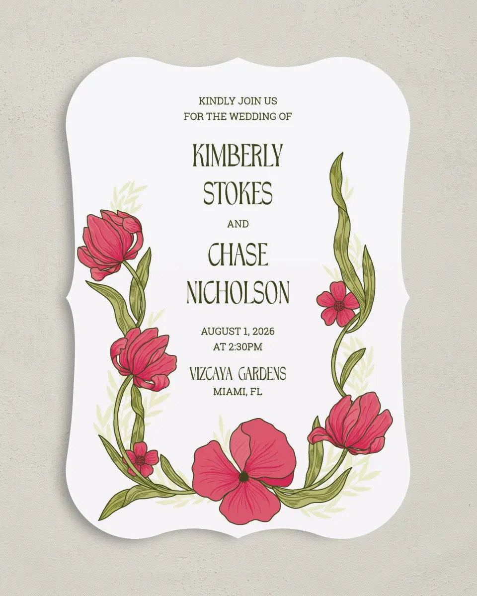 This is a 5" x 7" Bracket Wedding Invitation called Nouveau Romance printed in full color with Silver foil on Luxe Satin (coated) paper