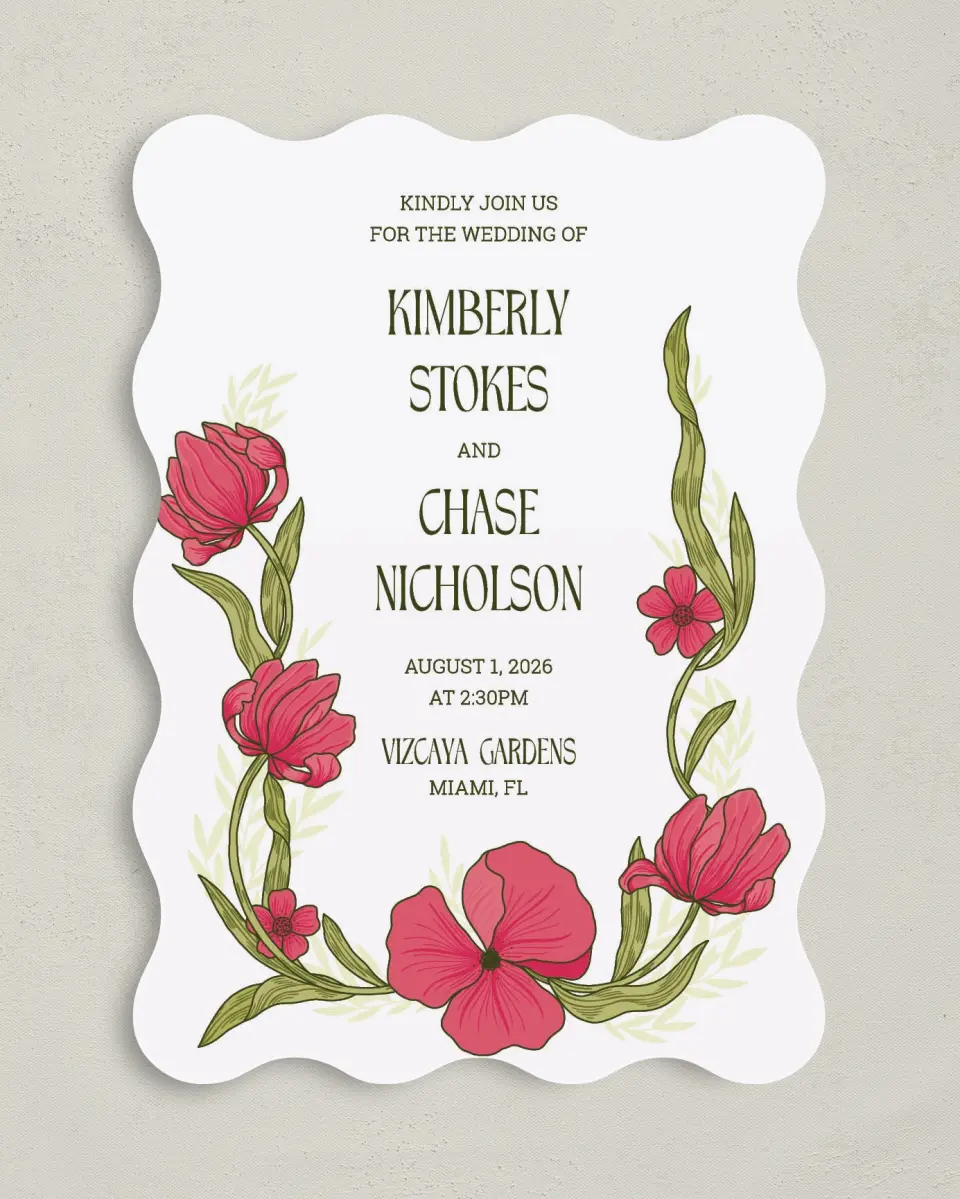 This is a 5" x 7" Wavy Wedding Invitation called Nouveau Romance printed in full color with Gold foil on Premium Smooth paper