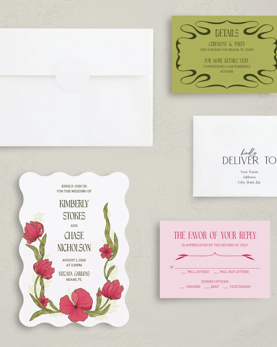 This is a 5" x 7" Wavy Wedding Invitation called Nouveau Romance printed in full color with Gold foil on Premium Smooth paper