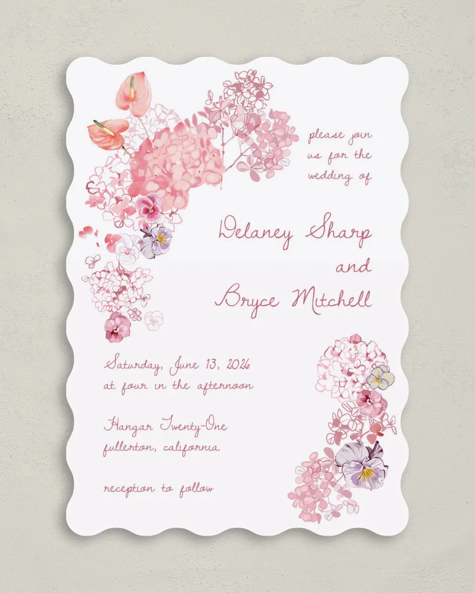 This is a 5" x 7" Wavy Wedding Invitation called Blushing Whimsy printed in full color with Gold foil on Premium Smooth paper