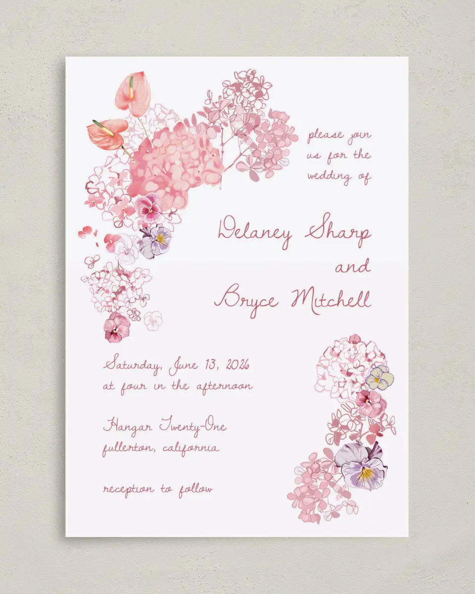 This is a 5" x 7" Classic Wedding Invitation called Blushing Whimsy printed in full color with Gold foil on Premium Smooth paper