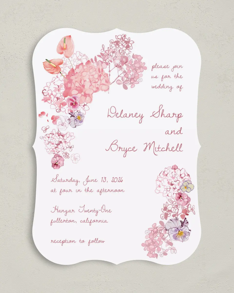 This is a 5" x 7" Bracket Wedding Invitation called Blushing Whimsy printed in full color with Silver foil on Luxe Satin (coated) paper