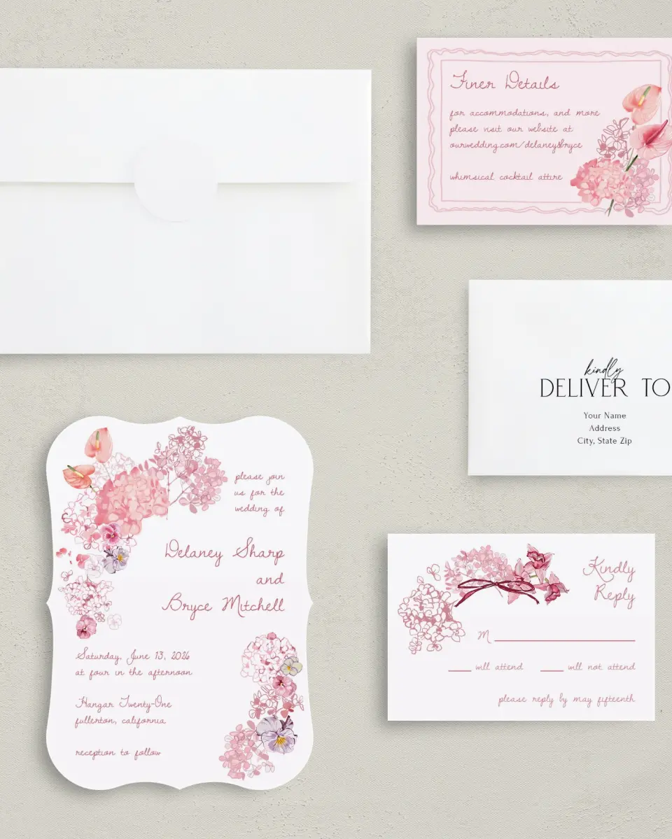 This is a 5" x 7" Bracket Wedding Invitation called Blushing Whimsy printed in full color with Silver foil on Luxe Satin (coated) paper
