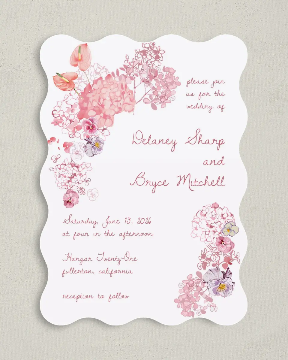This is a 5" x 7" Wavy Wedding Invitation called Blushing Whimsy printed in full color with Silver foil on Luxe Satin (coated) paper