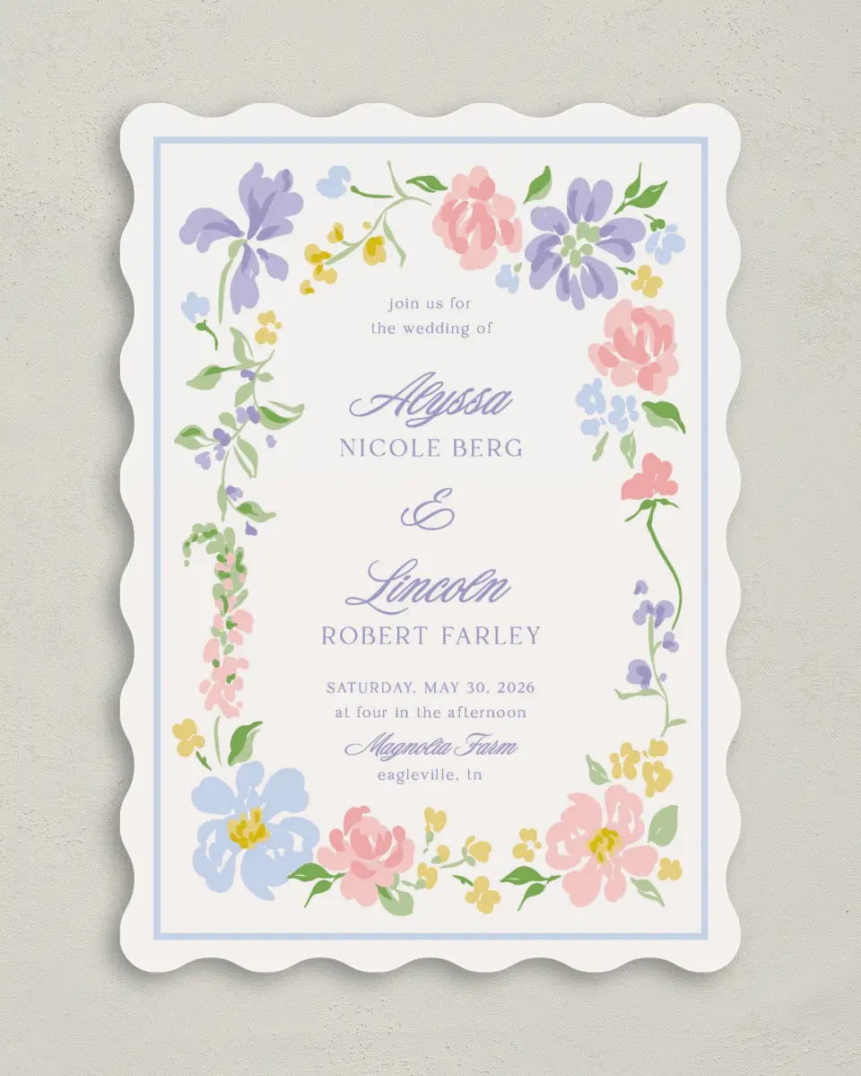 This is a 5" x 7" Wavy Wedding Invitation called Gentle Garden printed in full color with Gold foil on Premium Smooth paper