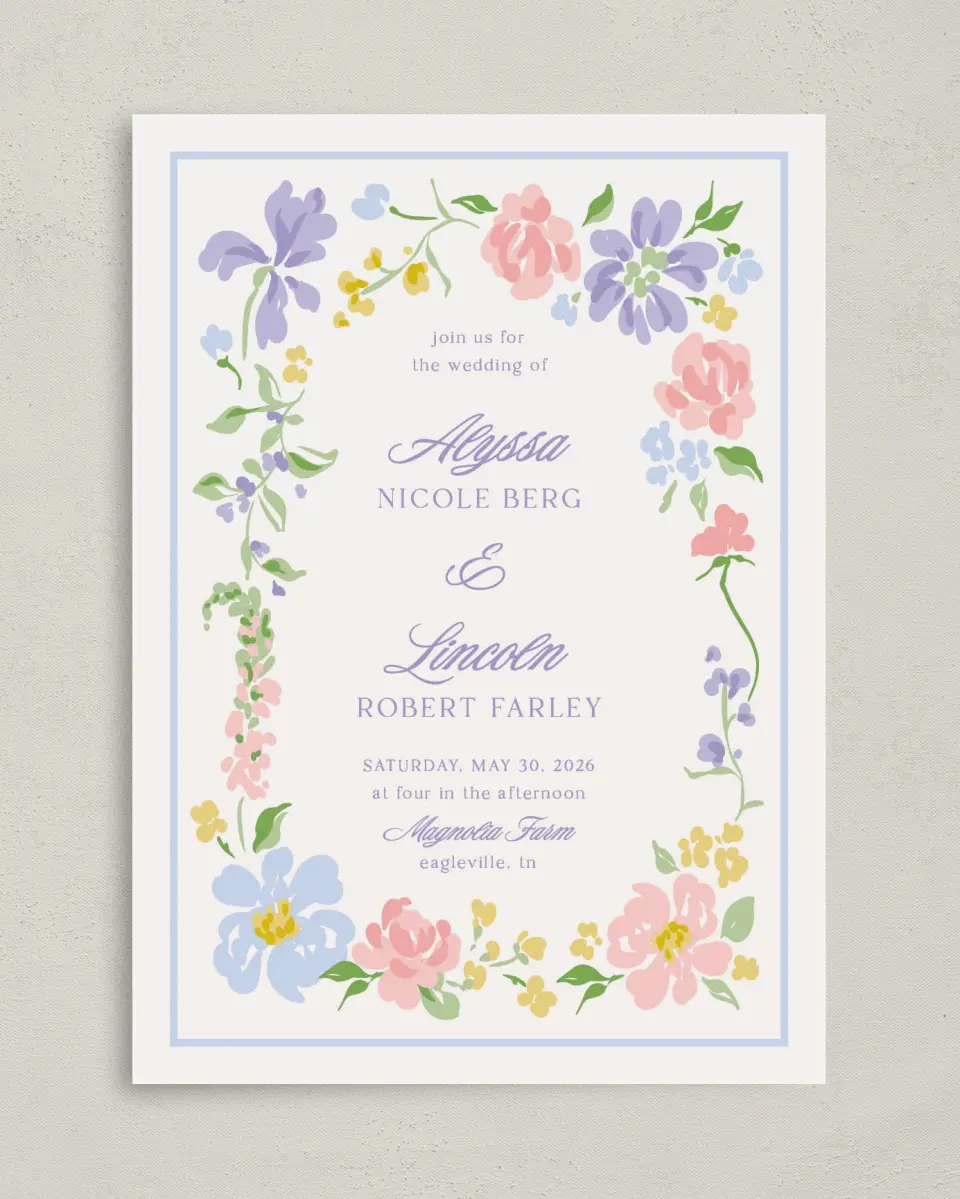This is a 5" x 7" Classic Wedding Invitation called Gentle Garden printed in full color with Gold foil on Premium Smooth paper