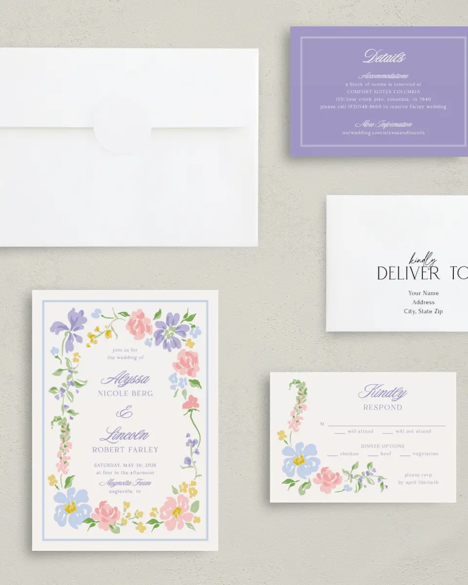 This is a 5" x 7" Classic Wedding Invitation called Gentle Garden printed in full color with Gold foil on Premium Smooth paper
