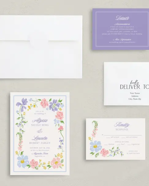 This is a 5" x 7" Classic Wedding Invitation called Gentle Garden printed in full color with Gold foil on Premium Smooth paper