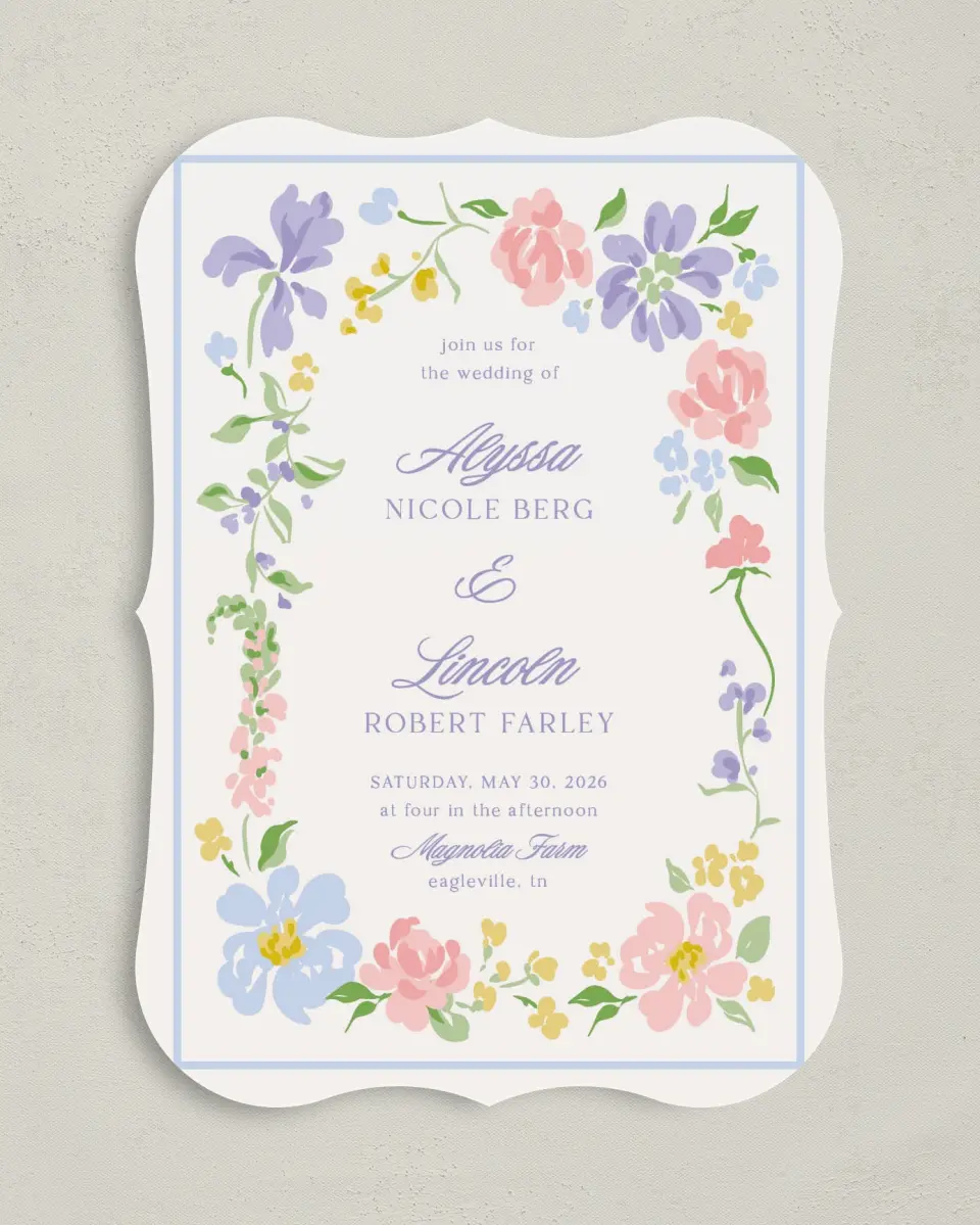 This is a 5" x 7" Bracket Wedding Invitation called Gentle Garden printed in full color with Silver foil on Luxe Satin (coated) paper