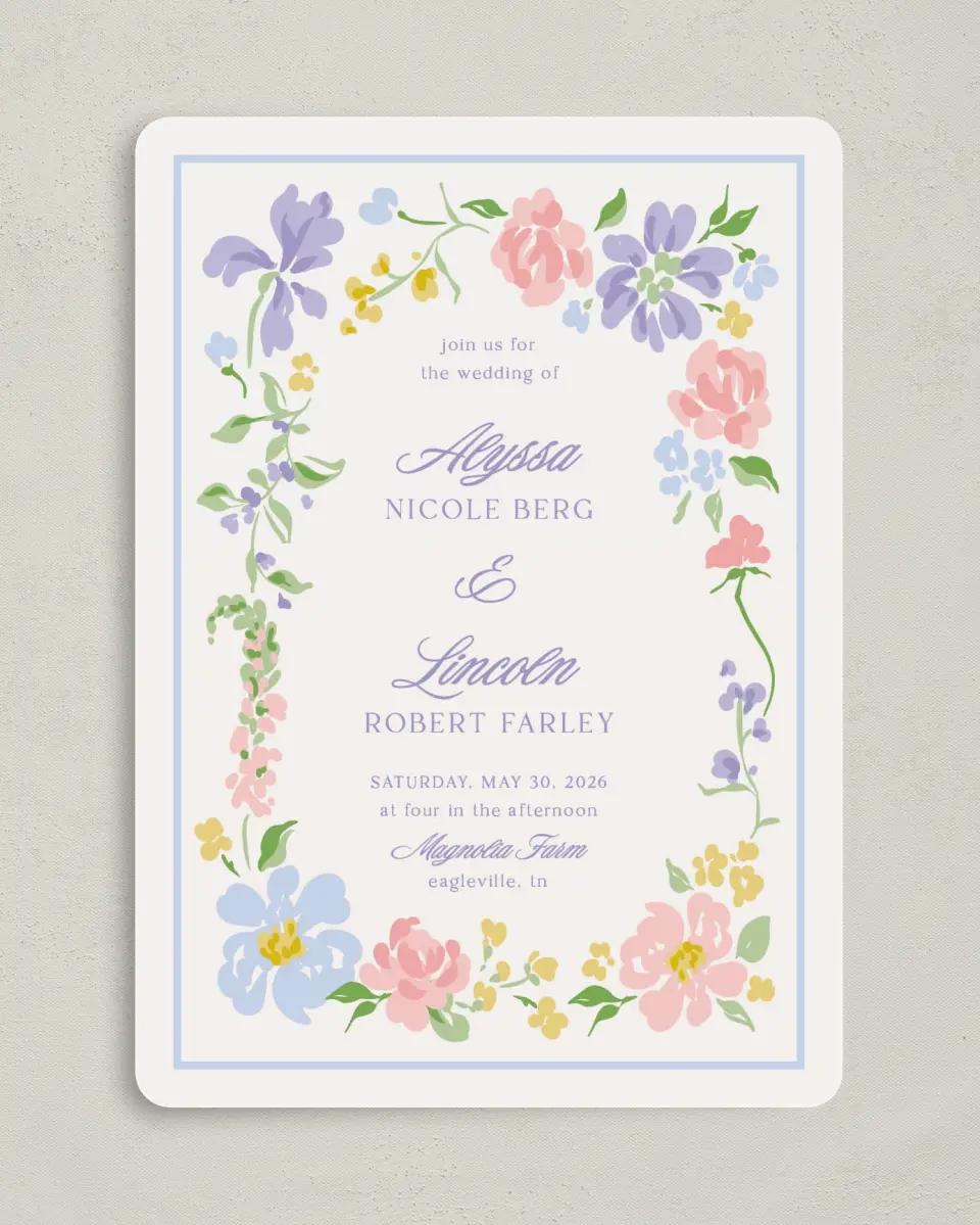 This is a 5" x 7" Rounded Wedding Invitation called Gentle Garden printed in full color with Gold foil on Premium Smooth paper