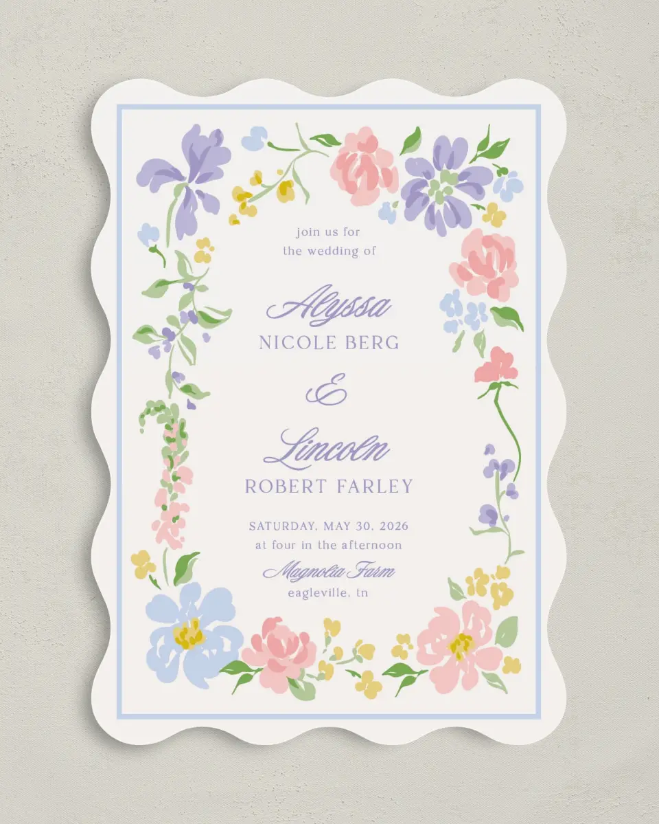 This is a 5" x 7" Wavy Wedding Invitation called Gentle Garden printed in full color with Gold foil on Premium Smooth paper